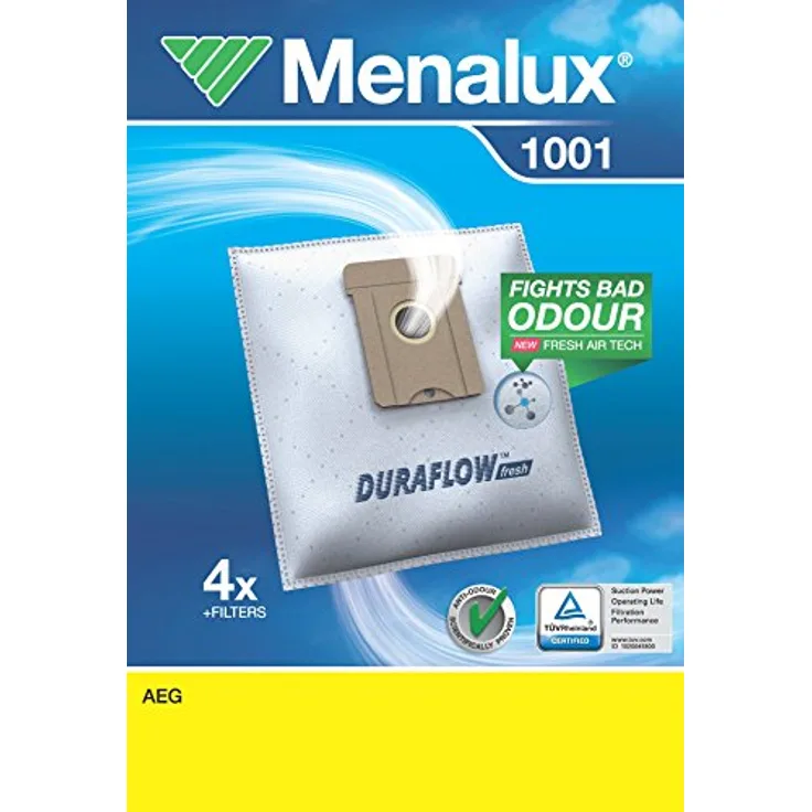 Menalux 1001 Duraflow, Synthetik-Staubbeutel für bis zu 50 % längere Saugleistung, 4 Stück, Weiß