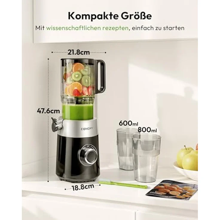 EUHOMY Slow Juicer, Kaltpress-Entsafter für ganze Gemüse und Obst, 135 mm XL-Einfüllschacht, 1,8 Liter Behälter, 220W leiser Motor – Bild 7