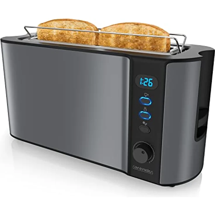 Arendo Frukost 2 Scheiben Langschlitztoaster - LCD Display mit Restzeitanzeige, Auftaufunktion, Brotzentrierung - Edelstahl, Cool Grey – Bild 1