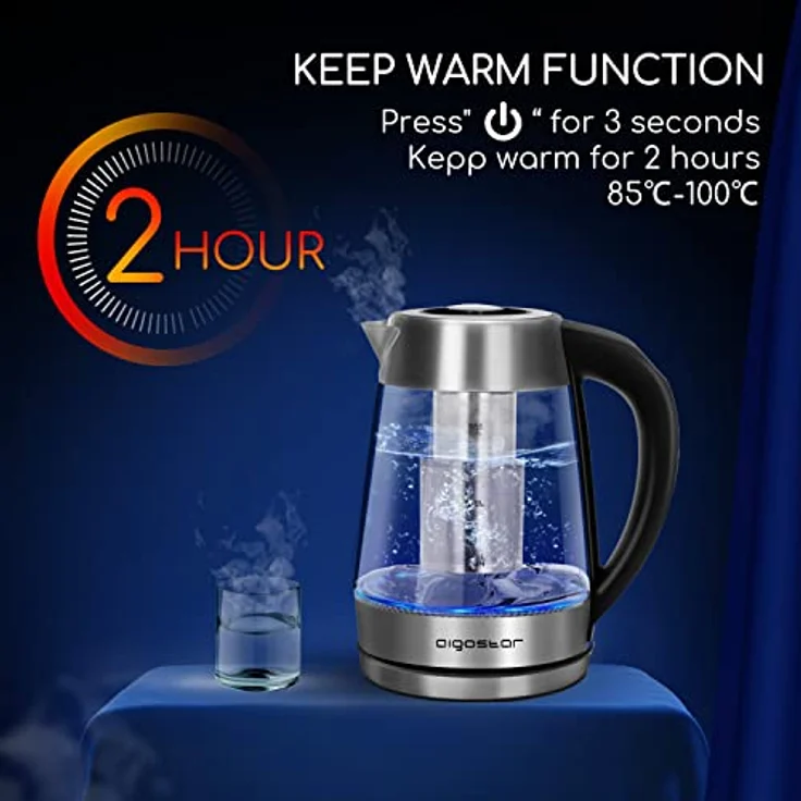 Aigostar Cris Glas-Wasserkocher, 2200W, 1,7L, LED Beleuchtung, Temperatureinstellung 60°-100°C, Warmhaltefunktion – Bild 5