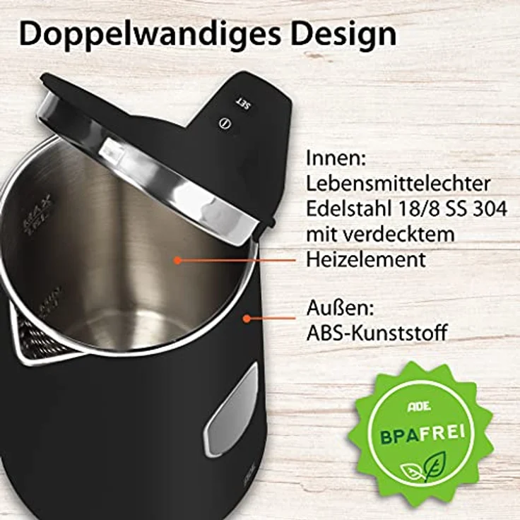 ADE Energiesparender Wasserkocher mit Temperatureinstellung 40-100°C | 1,5 l | Edelstahl | BPA-frei | schwarz matt – Bild 3