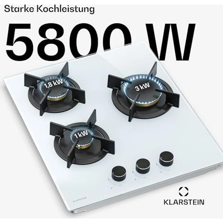 Klarstein Goldflame Gasherd, 3-Brenner Gaskochfeld mit 5800W, Glas & Messing, Flüssiggas/Erdgas, mit automatischer Zündung und Flammenausfall-Sicherung – Bild 2