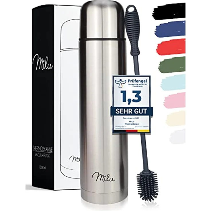 Milu Thermosflasche Thermoskanne Isolierflasche 1L - Isolierte Edelstahl Trinkflasche, 100% Auslaufsicher, Doppelwandisolierung (Edelstahl, 1000 ml) – Bild 1
