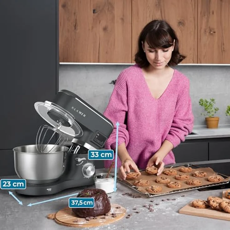 KLAMER Küchenmaschine Classic 1400 W, 5,5 L Edelstahlrührschüssel, Knet-, Rühr- & Schneebesenaufsatz, Timer & LED-Display, stabile Saugnapffüße, ideal für Brot-, Kuchen- & Pizzateig – Bild 2