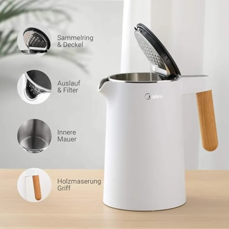 Midea Edelstahl Wasserkocher M1, Teekocher mit Temperatureinstellung 45℃-100℃, 1,5L, 2200W, mit Temperaturanzeige, Sicherheitsfunktionen und Doppelwand-Design, weiß – Bild 4