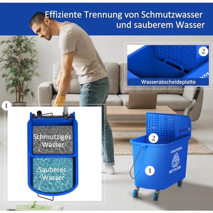 HOMCOM Putzeimer 20 Fahreimer, Wischwagen mit 2 Kammern und Auswringer, blau – Bild 4