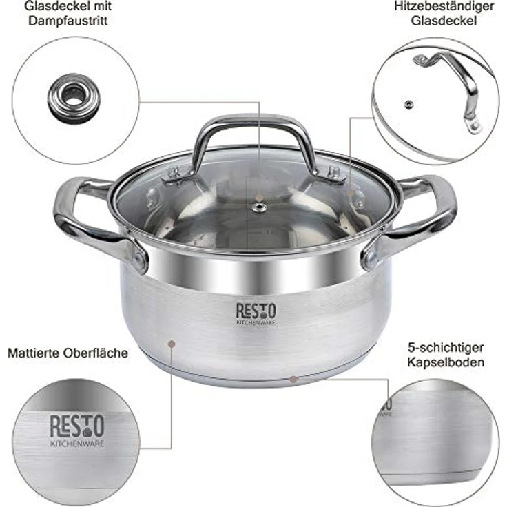 RESTO Edelstahltopf 22cm - Suppentopf, Universaltopf 3,5l - Schmortopf mit Deckel - Topf für alle Herdarten auch Induktion - beschichteter Topf mit hitzebeständigem Glasdeckel, Messskala – Bild 4