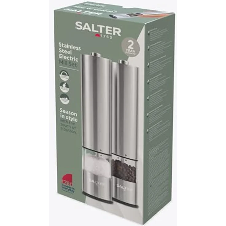 SALTER elektrische Salz- und Pfeffermühle, gebürsteter Edelstahl, Keramik-Mechanismus, ideal für Himalaya--Stein-Salz, Pfeffer, Getrocknete Kräuter oder Gewürze, kein Auslaufen – Bild 8