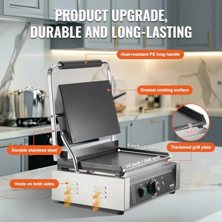 VEVOR Kommerzieller Panini-Grill, 2200 W Sandwich-Panini-Maker mit präziser Temperaturregelung und 36 x 23 cm flacher Emaille-Platte aus Edelstahl – Bild 3