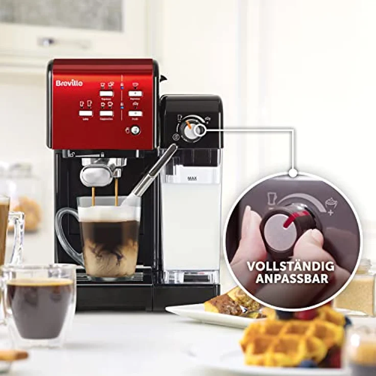 Breville PrimaLatte II Kaffee- und Espressomaschine VFC109X-01, 19 bar, für Kaffeepulver oder Pads geeignet, Integrierter automatischer Milchschäumer, schwarz-rot – Bild 6