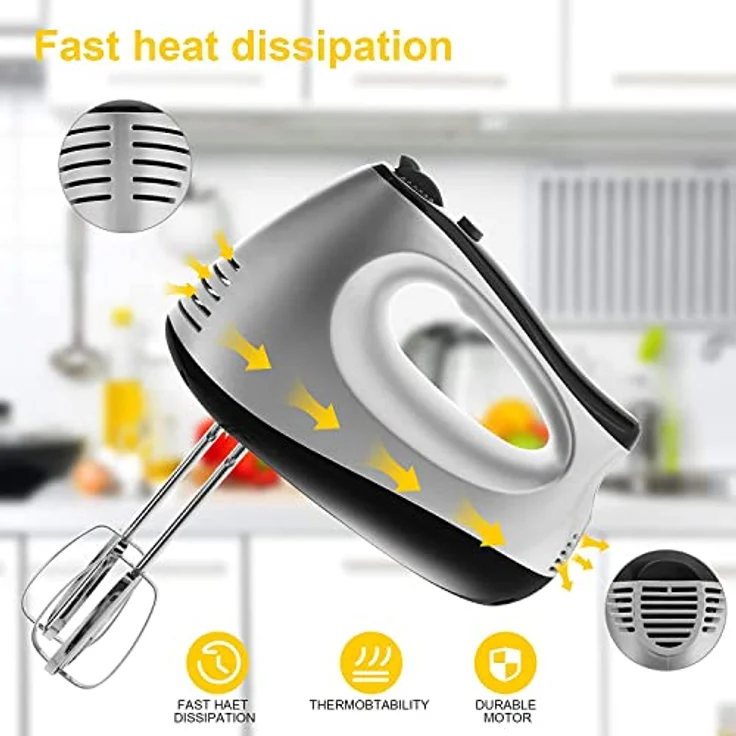 NWOUIIAY Handmixer Elektrisch 500W Handrührer 5 Drehzahl Turbinenfunktion mit 2 Mixer, 2 Haken, 2 Schneebesen - Einfaches Schlagen von Teig, Edelstahl, Schwarz – Bild 4