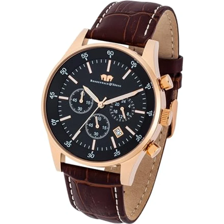 Rhodenwald & Söhne Goodwill Herrenuhr Chronograph Edelstahl roségold schwarz 5 ATM Präzisions-Quarzwerk Echtlederarmband Dunkelbraun Armbanduhr – Bild 5