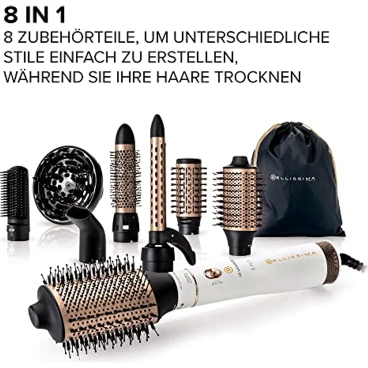 Bellissima Air Wonder, Heißluftbürste, Ionentechnologie, Bürsten mit Keramik- und Keratinbeschichtung, trocknet, verleiht Volumen, 8 Zubehörteile, 1000 W – Bild 2