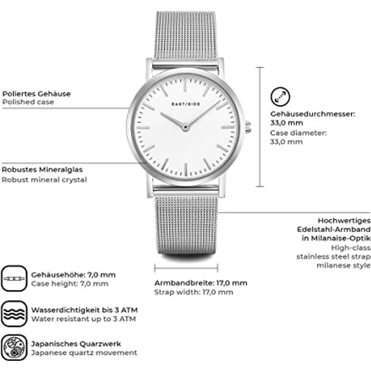 Eastside Damen Uhr analog Japanisches Quarzwerk mit Edelstahl Armband Silber 3 ATM 10080010 - stilvolles Design, hochwertige Verarbeitung – Bild 2