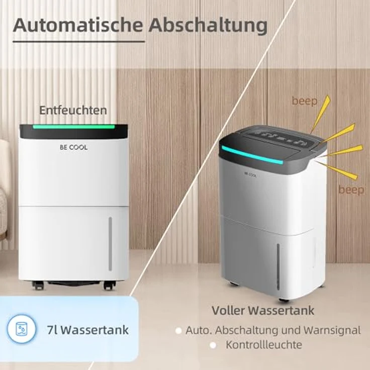Be Cool Luftentfeuchter 50l BC50LEF2301, Entfeuchtung 50l/24h, 7l Tank, Timer, für 125m³/50m², Laufrollen – Bild 4