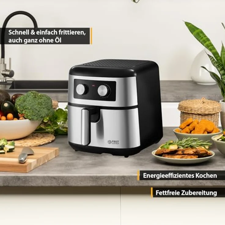 TZS FIRST AUSTRIA Heißluftfritteuse 8L, Antihaftbeschichtung, 1700 W, Timer 60 Min, Schwarz/Edelstahl – Bild 3