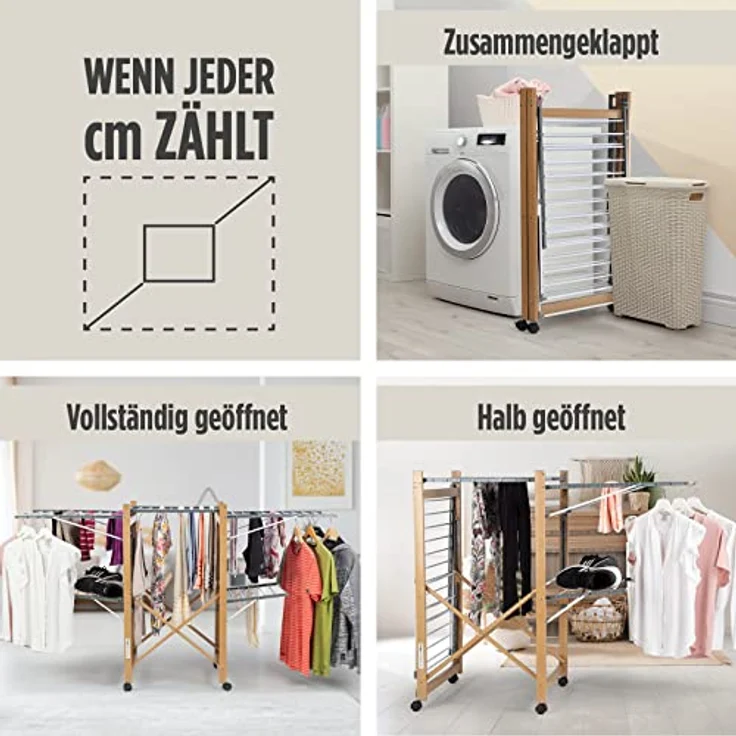 Vitapur House Care Wäscheständer - Ausziehbarer Standtrockner im Holzoptik - Mobile mit Rollen - Klappbarer Flügelwäschetrockner auch für Lange Wäschestücken - für Innen und Draußen – Bild 4