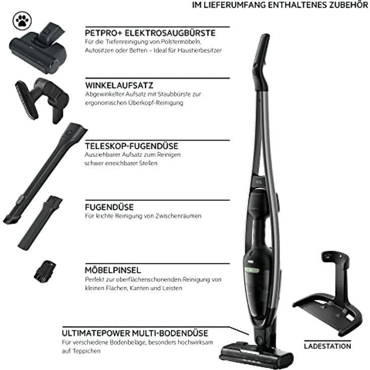 AEG CLEAN 6000 AS62B25OKO Akku-Staubsauger, 2in1, angenehm leise 79 dB(A), 47 Prozent Recyclingmaterial, bis zu 55 Min. Laufzeit, Automatik, freistehend, alle Böden, inkl. Zubehör, schwarz – Bild 3