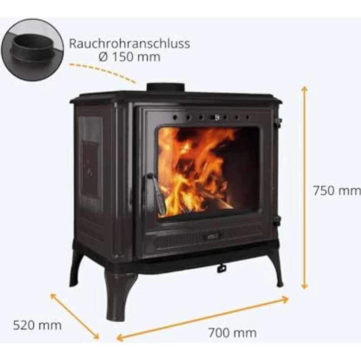 365® Kaminofen Ferrox 75, grau emailliert, 10,5 kW Gusseisen mit Scheibenspülung und Aschekasten – Bild 3