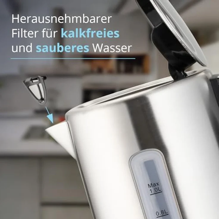 KHG Wasserkocher WK-105 ES, Edelstahl 1 Liter, 2200 Watt, abwaschbarer Kalkfilter, Wasserstandsanzeige, Trockengehschutz & Abschaltautomatik – Bild 5