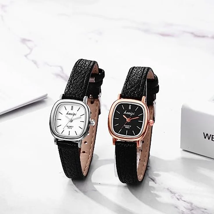 JewelryWe Damenuhr 4er Set, Vintage Quadrat Analog Quarz Uhr mit Lederarmband in Schwarz/Braun und Gehäuse in Rosegold/Silber, wasserdicht, elegantes Accessoire für Frauen und Mädchen – Bild 5