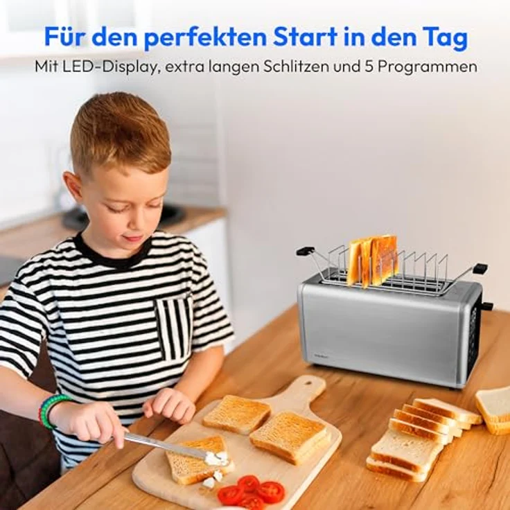 MEDION Toaster MD 12103, 4-Scheiben Toaster mit Brötchenaufsatz, 7 Bräunungsstufen, 5 Automatikprogramme, 1.450 Watt, Edelstahl Matt, Silber – Bild 2