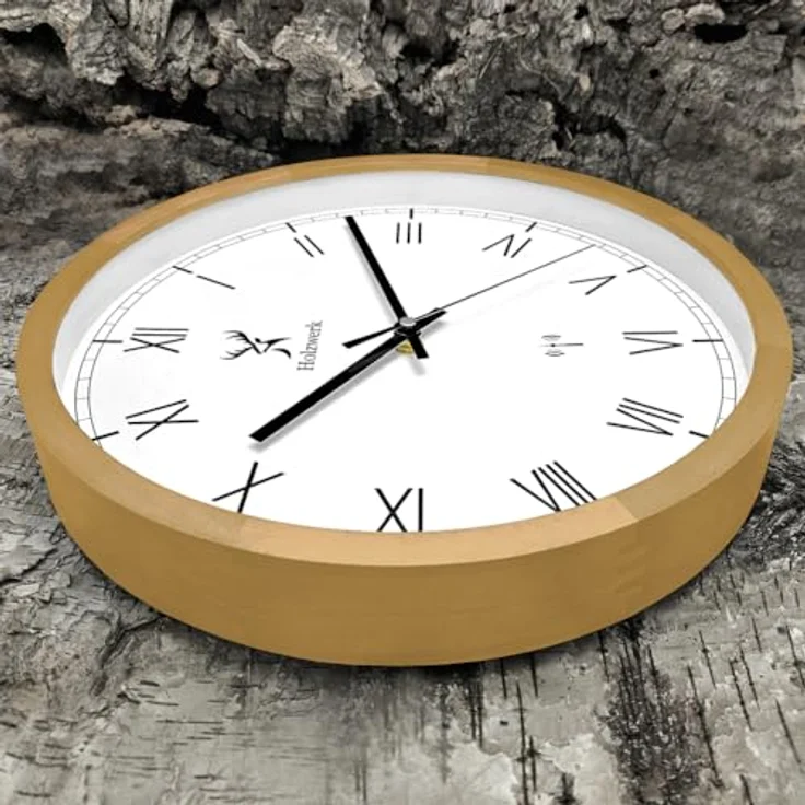 Holzwerk Germany Natur Holz Funkwanduhr Funk Wanduhr Holz-Uhr Vintage Funkuhr lautloses Uhrwerk ohne Tickgeräusche römische Ziffern Braun Weiß Buche lautlos Massivholz Natur Holz 30 cm – Bild 2