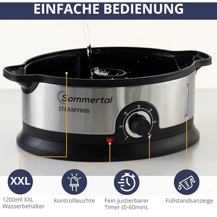 Sommertal STEAMY 800, elektrischer Dampfgarer mit 16L XXL Dampftopf, 800W, 3 Dampfgar-Ebenen, 1200ml Wasserbehälter, BPA-frei, 60 Min Timer + Abschaltautomatik, spülmaschinenfest – Bild 2