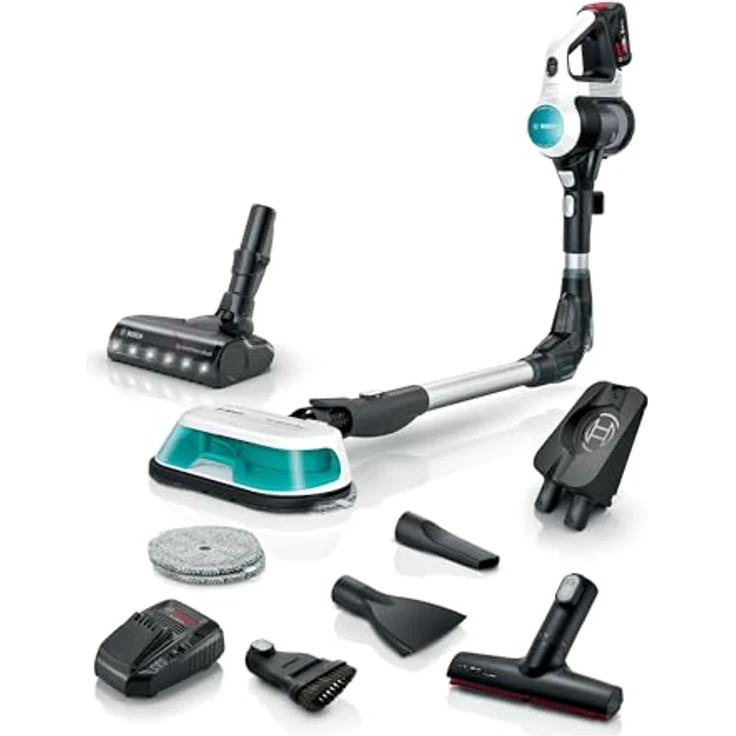 Bosch Akku-Staubsauger Unlimited 7 ProHygienic Aqua BKS71HYG1, kabellos, 2in1 Saugen & Wischen, Knickrohr, HEPA-Filtersystem, 10 J. Motorgarantie, Wechselakku, Schnellladegerät, Made in Germany, weiß – Bild 1