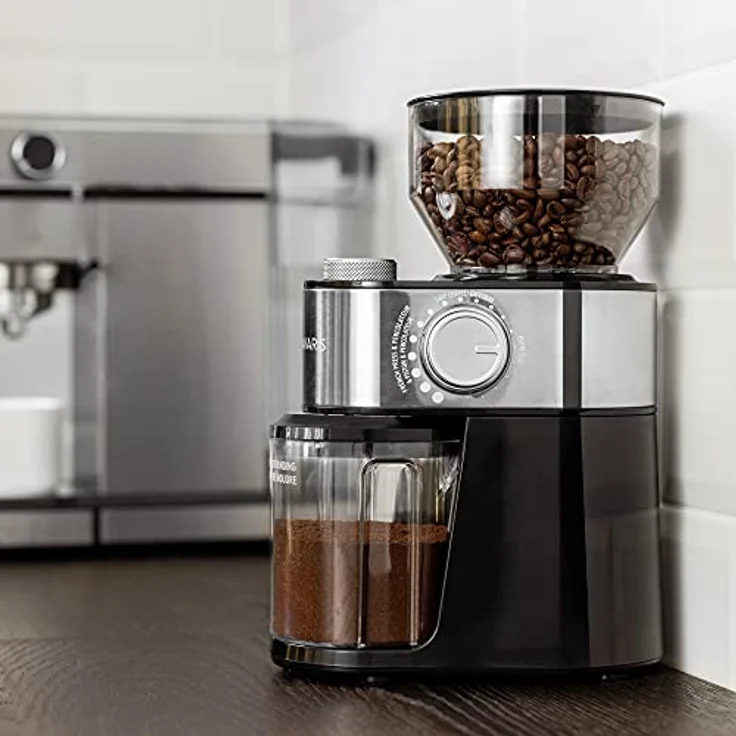 Navaris Elektrische Kaffeemühle mit Edelstahl Scheibenmahlwerk - 200W - für bis zu 14 Tassen Kaffee - 18 Mahlgrade - Kaffee Mühle Metallic Silber – Bild 2
