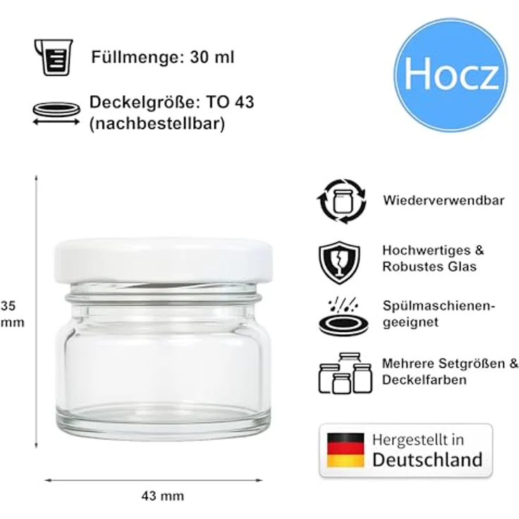 hocz 12x Mini Marmeladengläser 30 ml, weiße Schraubdeckel, luftdicht, spülmaschinenfest, perfekte Einmachgläser für Marmelade und mehr – Bild 2