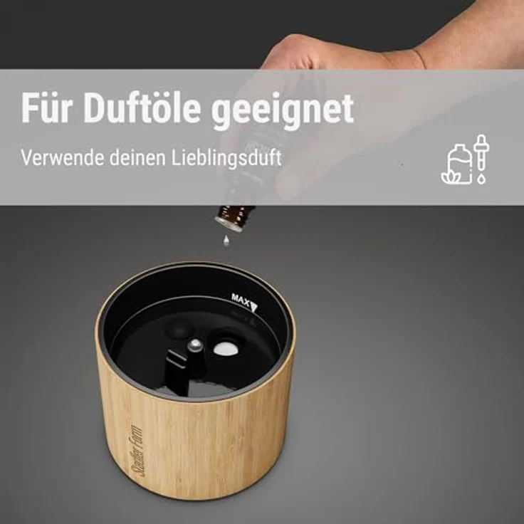 Stadler Form Aroma Diffuser Nora mit Bambus-Gehäuse und Aluminiumdeckel für drinnen und draussen, verströmt ätherische Öle und bezaubert mit Flammen-Effekt kabellos bis 7 h – Bild 4