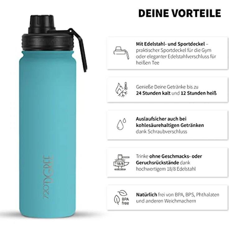720 DGREE Trinkflasche Edelstahl 530ml Thermo mit gratis Sportdeckel noLimit crystal turquoise – Bild 2