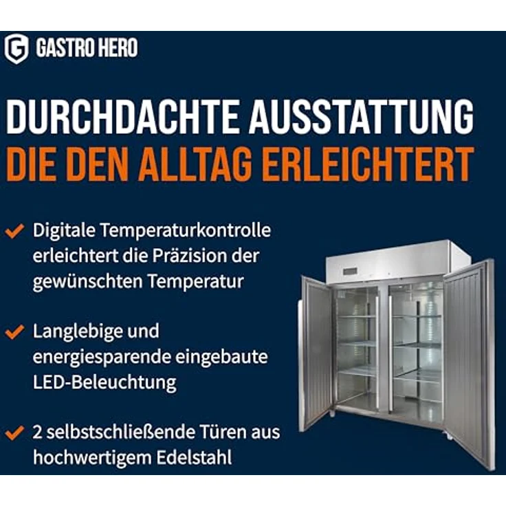 GASTROHERO Kühlschrank ECO 1400 GN 2/1 Monoblock, 1350 Liter Volumen, 6 verstellbare Einlegeböden, Edelstahl, digitale Temperaturkontrolle, Umluftkühlung – Bild 4