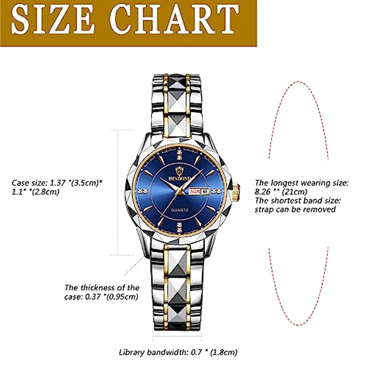 JewelryWe Paar Uhren Edelstahl, 2 Stück Blau Analog Quarz Pärchen Armbanduhr mit leuchtenden Zeigern, Datum- und Wochenanzeige, 30m wasserdicht – Bild 3