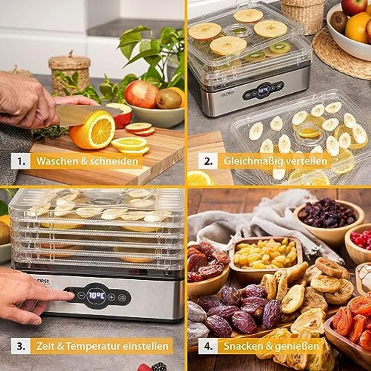 TZS First Austria Dörrautomat | Dörrgerät für Obst, Kräuter, Pilze & Fleisch | digital mit Timer & Temperaturregler 35-70°C | 5 Etagen, Einlageböden aus Edelstahl, Dörrapparat mit Zeitschaltuhr – Bild 5