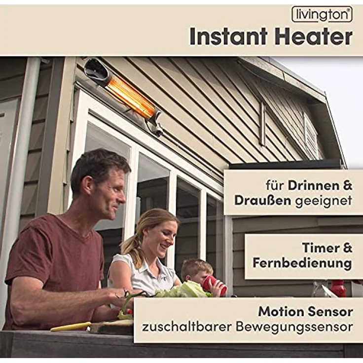 LIVINGTON Instant Heater – Infrarotheizung für schnelle Wärme ohne Energieverlust – Heizstrahler mit Timer & Fernbedienung – auch als Terrassenheizstrahler im Außenbereich – Bild 4