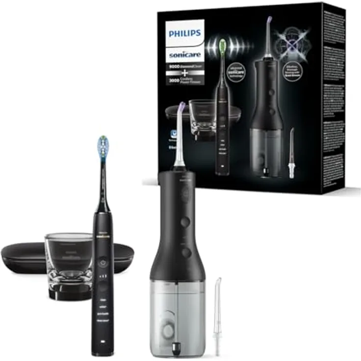 Philips Sonicare Cordless Power Flosser und DiamondClean 9000 elektrische Zahnbürste – Quad Stream Spitze, Puls Wave-Technologie, strahlend weißes Lächeln, schwarz