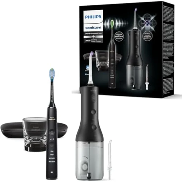 Philips Sonicare Cordless Power Flosser und DiamondClean 9000 elektrische Zahnbürste – Quad Stream Spitze, Puls Wave-Technologie, strahlend weißes Lächeln, schwarz – Bild 1