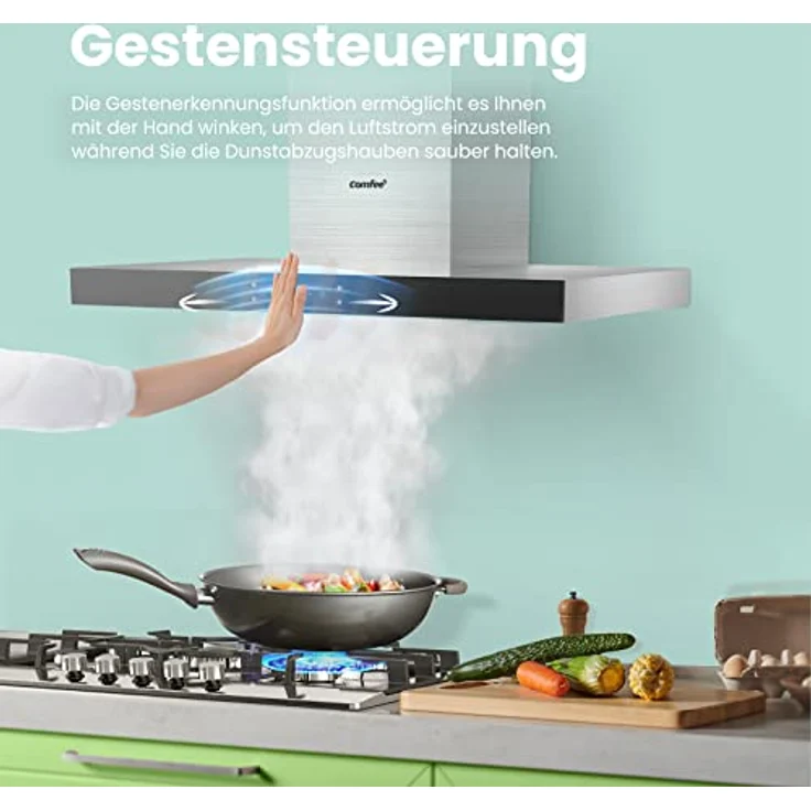 COMFEE' A+++ Dunstabzugshaube 60cm Umluft & Abluft, CHW 7.6M77A3 650m³/h Wandabzugshaube mit 1 Kohlefiltern, 4 Geschwindigkeiten, Touch Control, LED-Beleuchtung Wandhauben, Glas in Inox, Schwarz – Bild 3