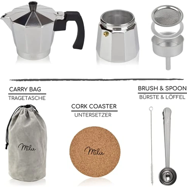 Milu Espressokocher (No Induktion) | 2, 3, 6, 9 Tassen| Aluminium Mokkakanne, Espressokanne, Espresso Maker Set inkl. Untersetzer, Löffel, Bürste (Aluminium, 2 Tassen (100ml) – Bild 3