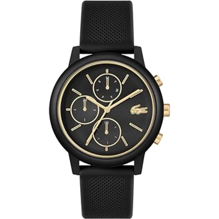 Lacoste.12.12 Move, Multifunktionsuhr für Herren mit schwarzem Silikonarmband, 42mm Aluminiumgehäuse, schwarzes Zifferblatt mit goldenen Akzenten, 5 ATM wasserdicht