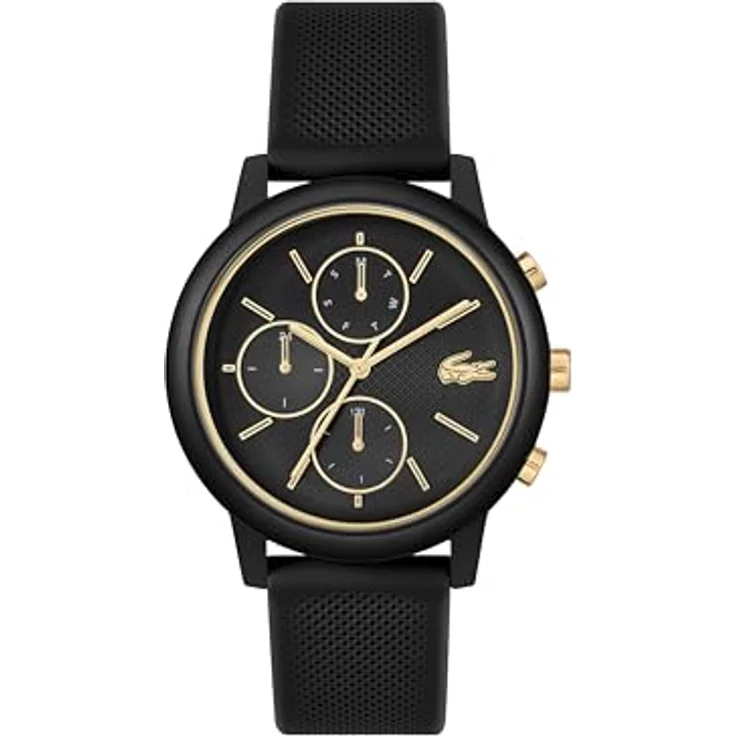 Lacoste.12.12 Move, Multifunktionsuhr für Herren mit schwarzem Silikonarmband, 42mm Aluminiumgehäuse, schwarzes Zifferblatt mit goldenen Akzenten, 5 ATM wasserdicht – Bild 1
