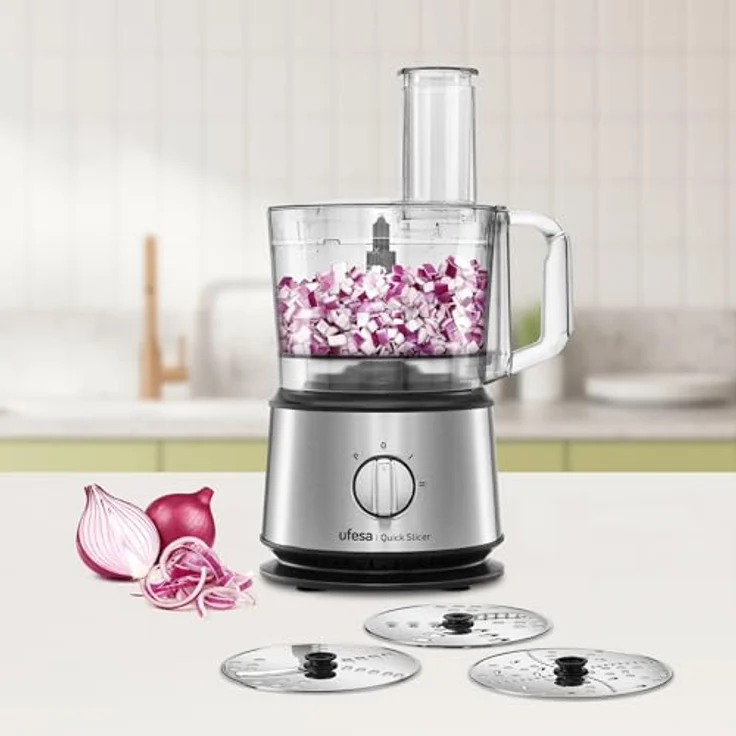 Ufesa Quick Slicer Processor 10-in-1, Multifunktions-Foodprozessor, 1200W, 1,5L, Edelstahlgehäuse, 3 doppelseitige Scheiben, Schneidemesser, Rührlöffel – Bild 4