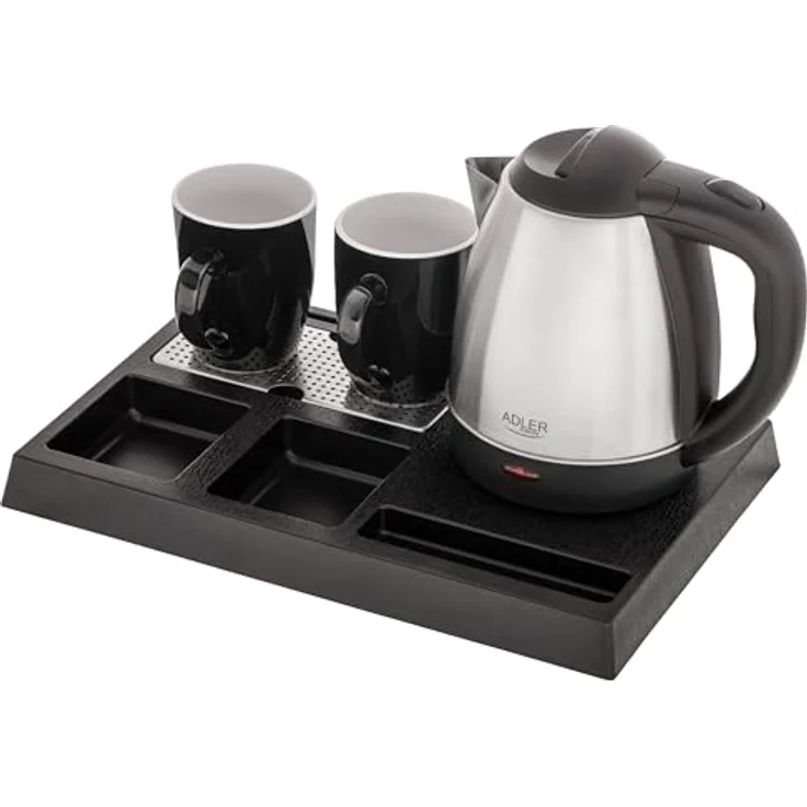 ADLER Wasserkocher Set Edelstahl 1,2L mit Tablett & 2 Tassen | Kompakte Teestation für Hotel, Büro & Home-Office | Sicher und hygienisch mit 360°-Sockel und Trockengehschutz – Bild 3