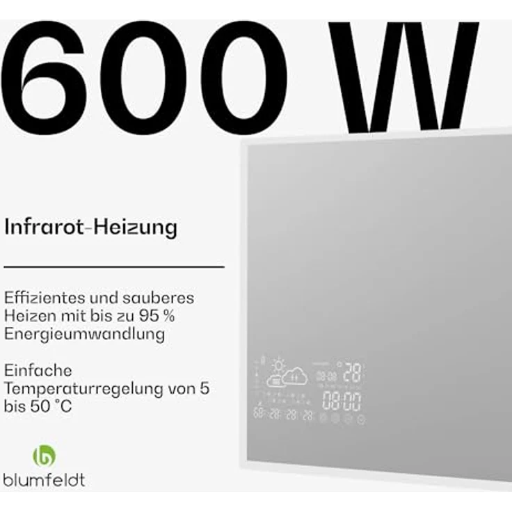 blumfeldt Infrarotheizung ReflectiHeat, elektrische Heizkörper mit Smart Mirror, 600 W, App-Steuerung, Timer, IP44 – Bild 2