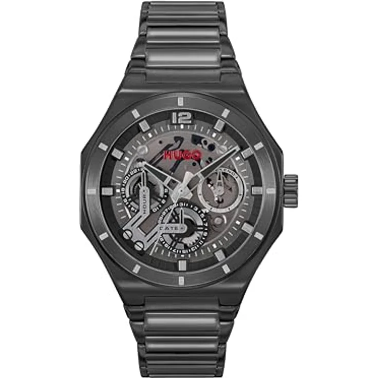 HUGO Multi Zifferblatt Quarz Uhr für Herren Kollektion #Grail Skeleton mit Edelstahlarmband und schwarzer Ionenbeschichtung – Bild 1