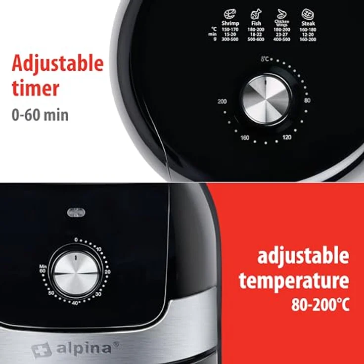 alpina Heißluftfritteuse 24640, 3,5L, 1400W, Temperatur einstellbar 80-200°C, für 3-5 Personen, Timer bis 60 Min, spülmaschinenfreundlich, schwarz – Bild 5