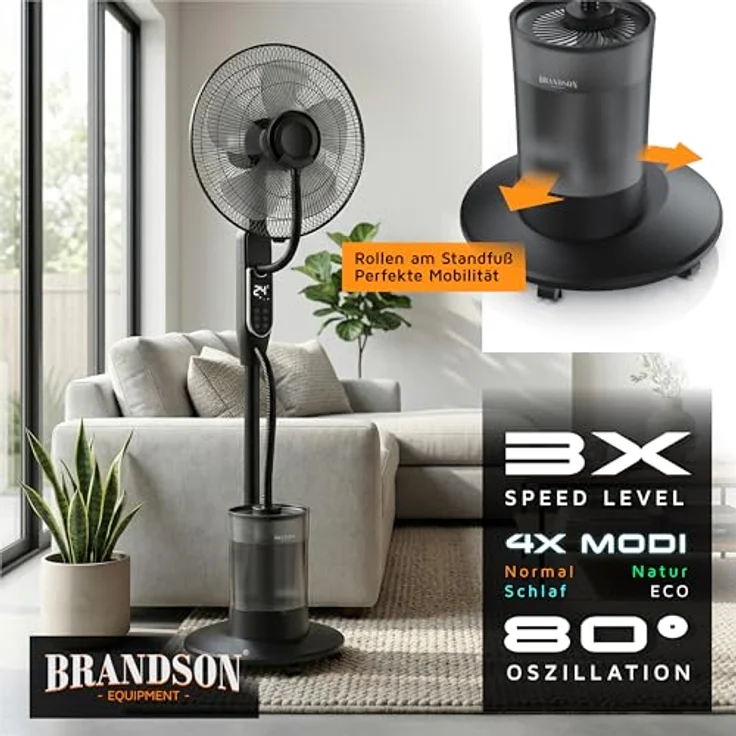 Brandson 308329 Ventilator mit Ultraschall-Luftbefeuchter, 5L Wassertank, Fernbedienung, Timer, 80° Oszillation, Verdunstungskühlung – Bild 5