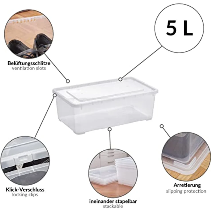 Grizzly Klarsichtboxen 5 x 5 L mit Deckel, stapelbar und belüftet, transparent, für vielseitige Aufbewahrung – Bild 3